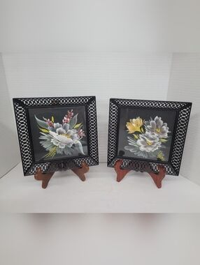 Vintage Franklin Original Watercolor In Black Metal Tray Frame Set Of 2